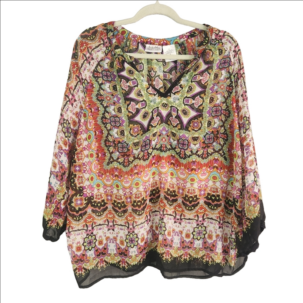 3/$25 Forbidden Los Angeles colorful Patterned 3/4 Sleeve Top boho size 1x